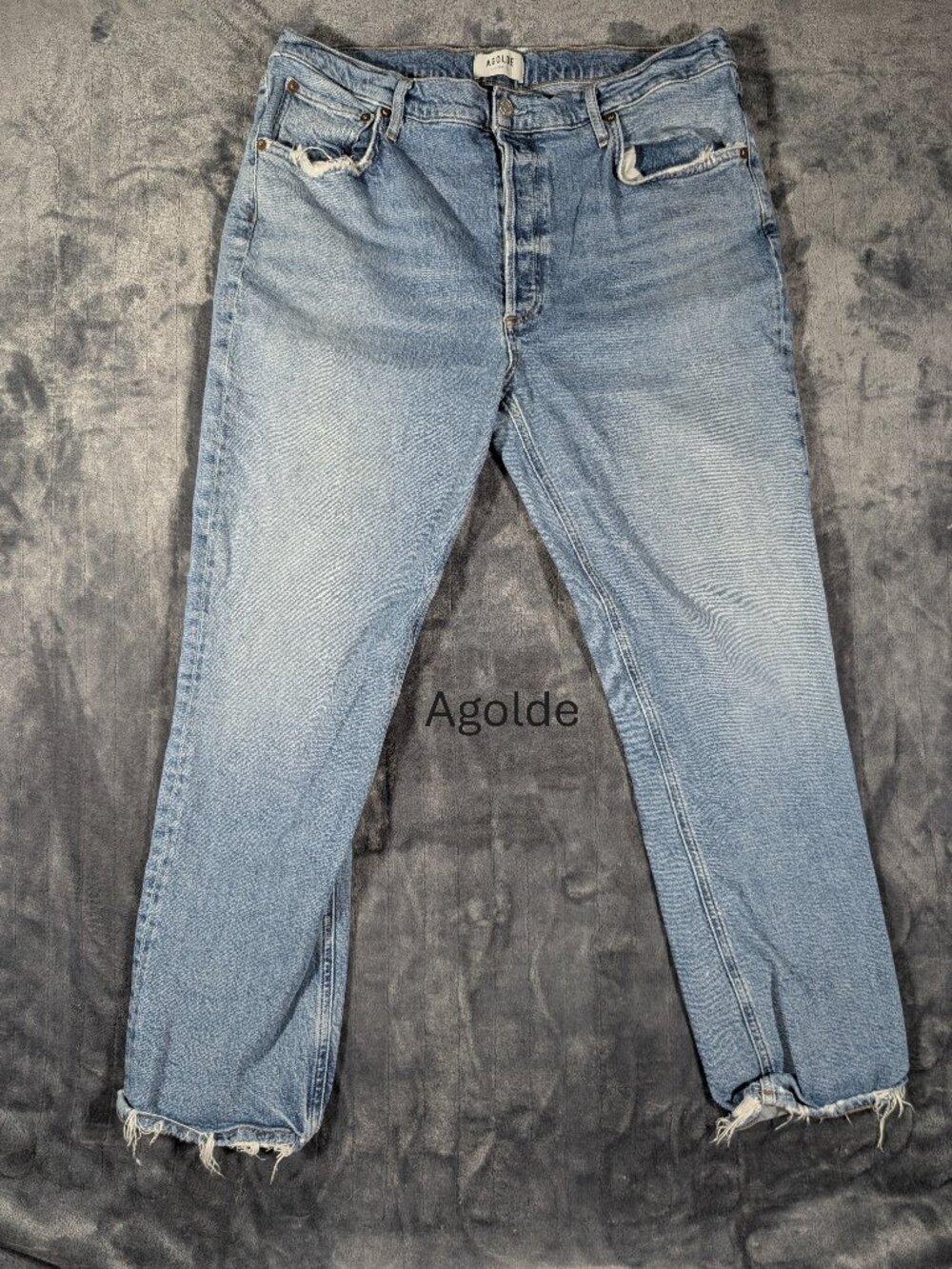 Agolde Jeans Womens 34 Blue Denim High Rise Riley Long Straight Leg Button Fly